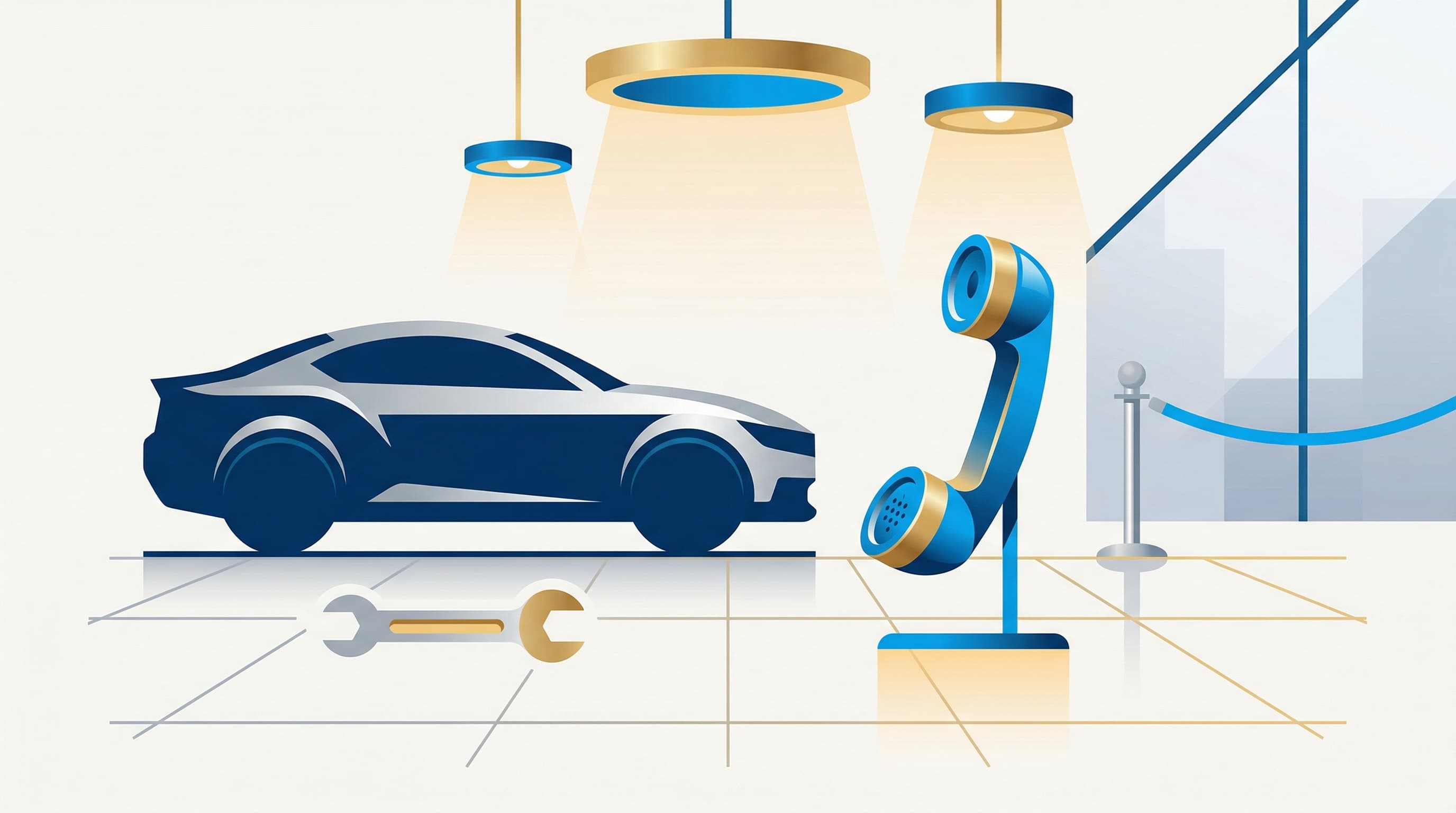 Flat illustration of an auto dealership showroom with a telephone, car silhouette, and service wrench, in BubblyPhone brand blue.