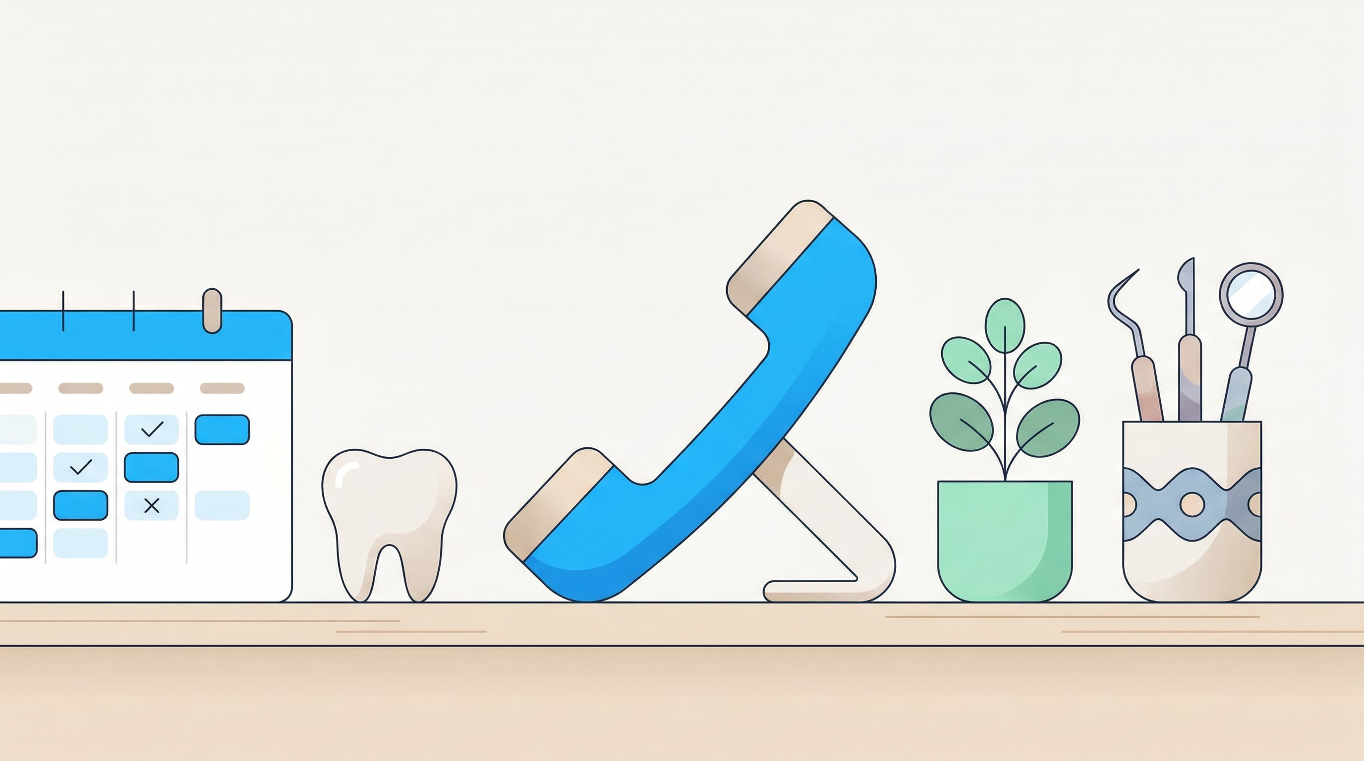 Flat illustration of a dental practice front desk with a telephone, appointment calendar, and stylized tooth icon, in BubblyPhone brand blue.