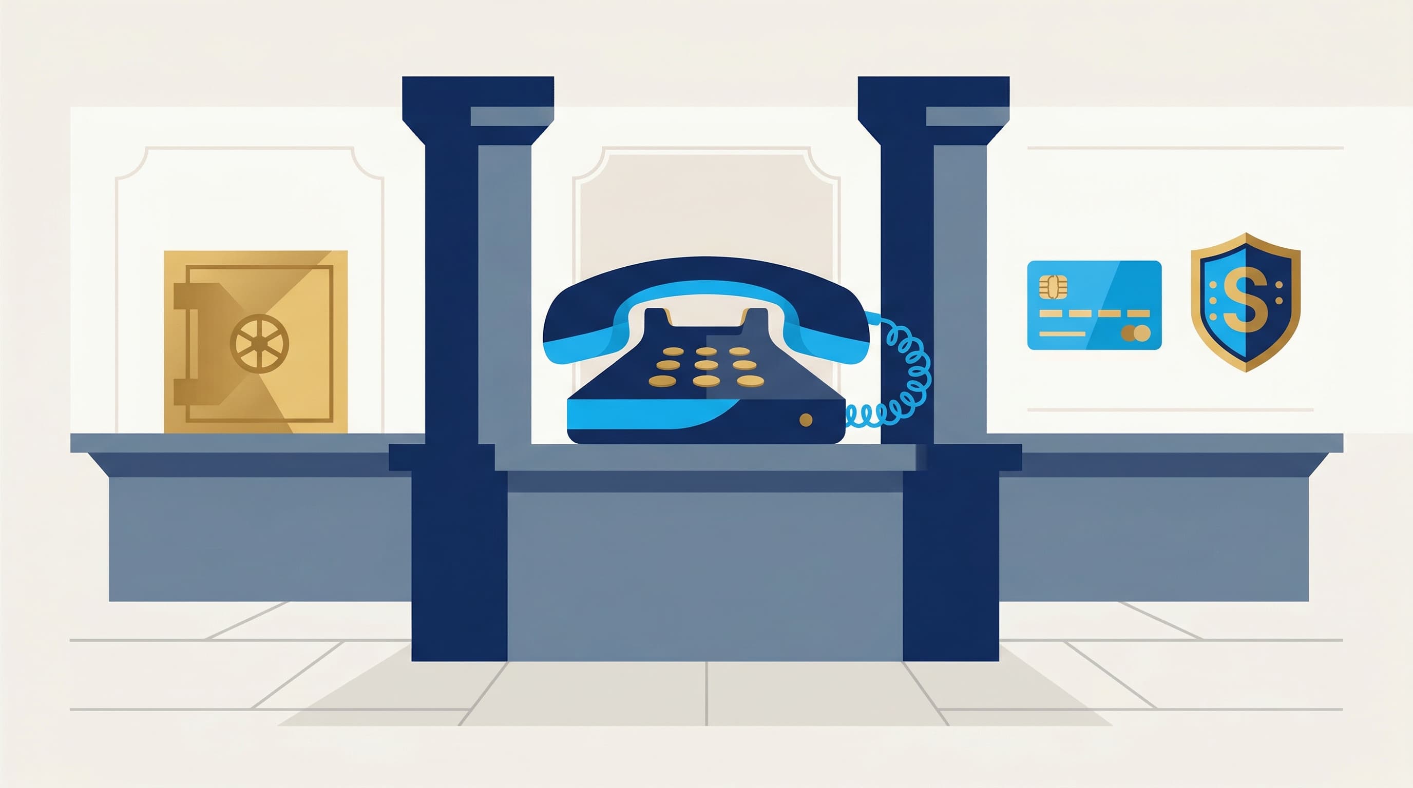 Flat illustration of a bank branch lobby with a telephone, a vault-door icon, and a column structure, in BubblyPhone brand blue.