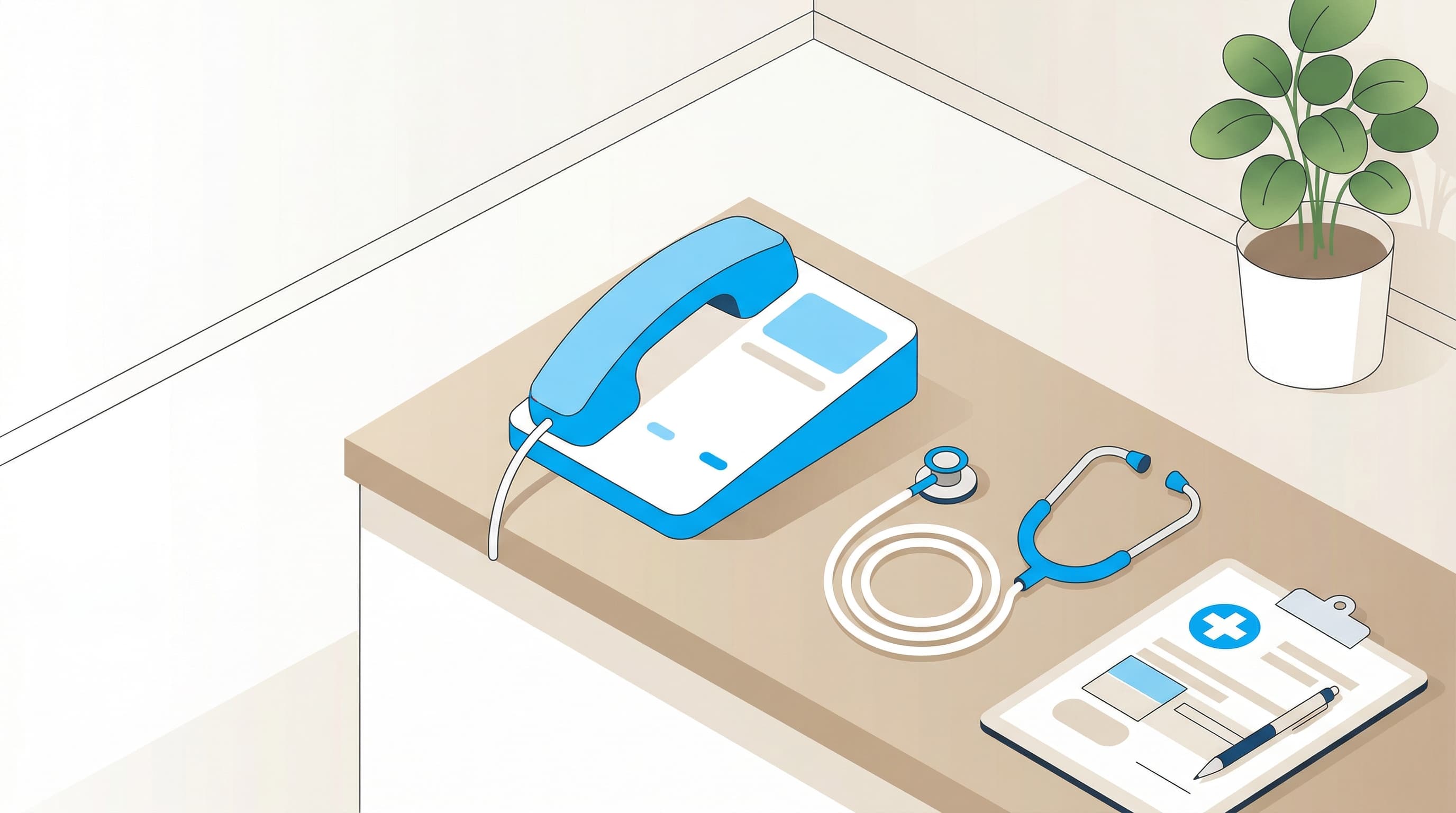 Flat illustration of a medical reception desk with a telephone and stethoscope in BubblyPhone brand blue.