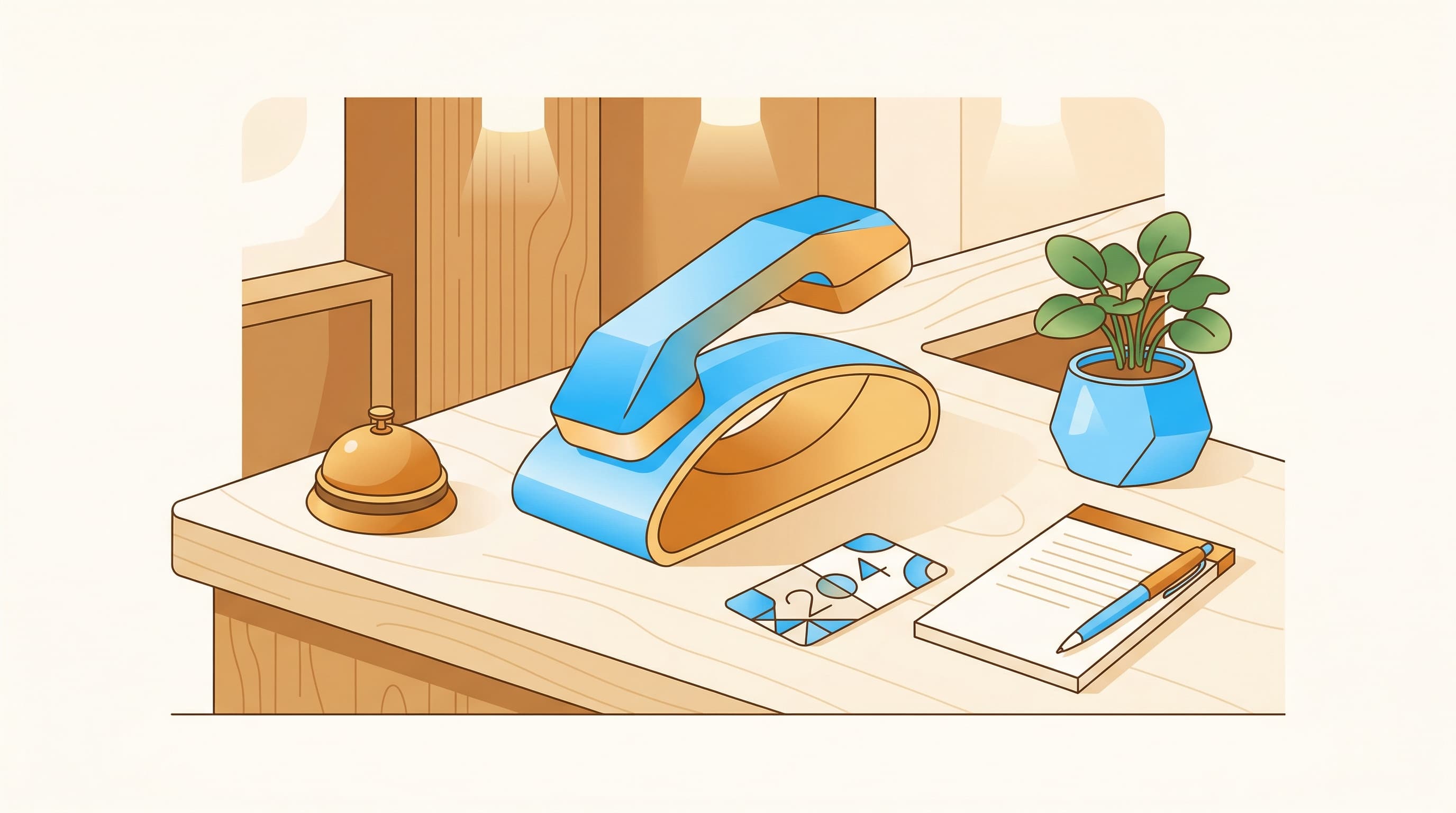 Flat illustration of a hotel reception desk with a telephone, small bell, and key card, in BubblyPhone brand blue with warm golden tones.
