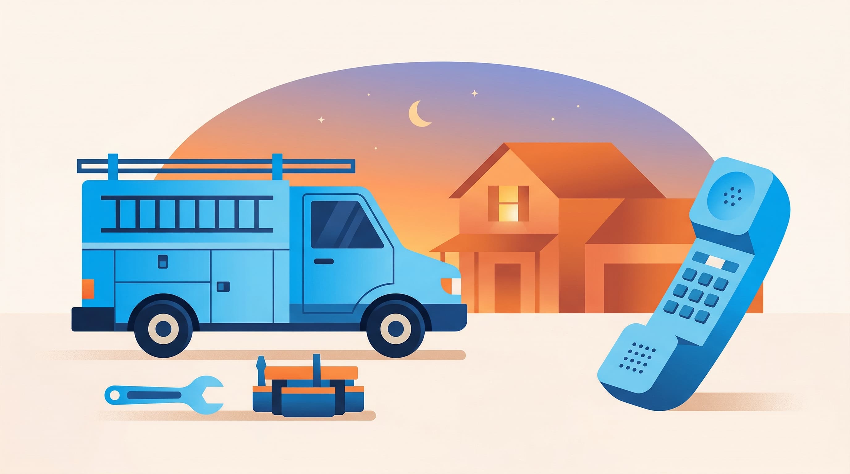 Flat illustration of a home service truck with a telephone, wrench, and tool belt, in BubblyPhone brand blue with warm sunset tones.