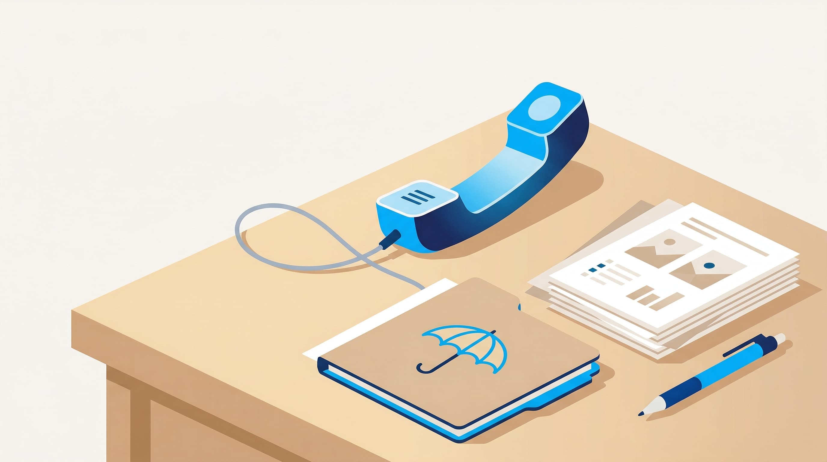 Flat illustration of an insurance office desk with policy documents and a telephone, in BubblyPhone brand blue.