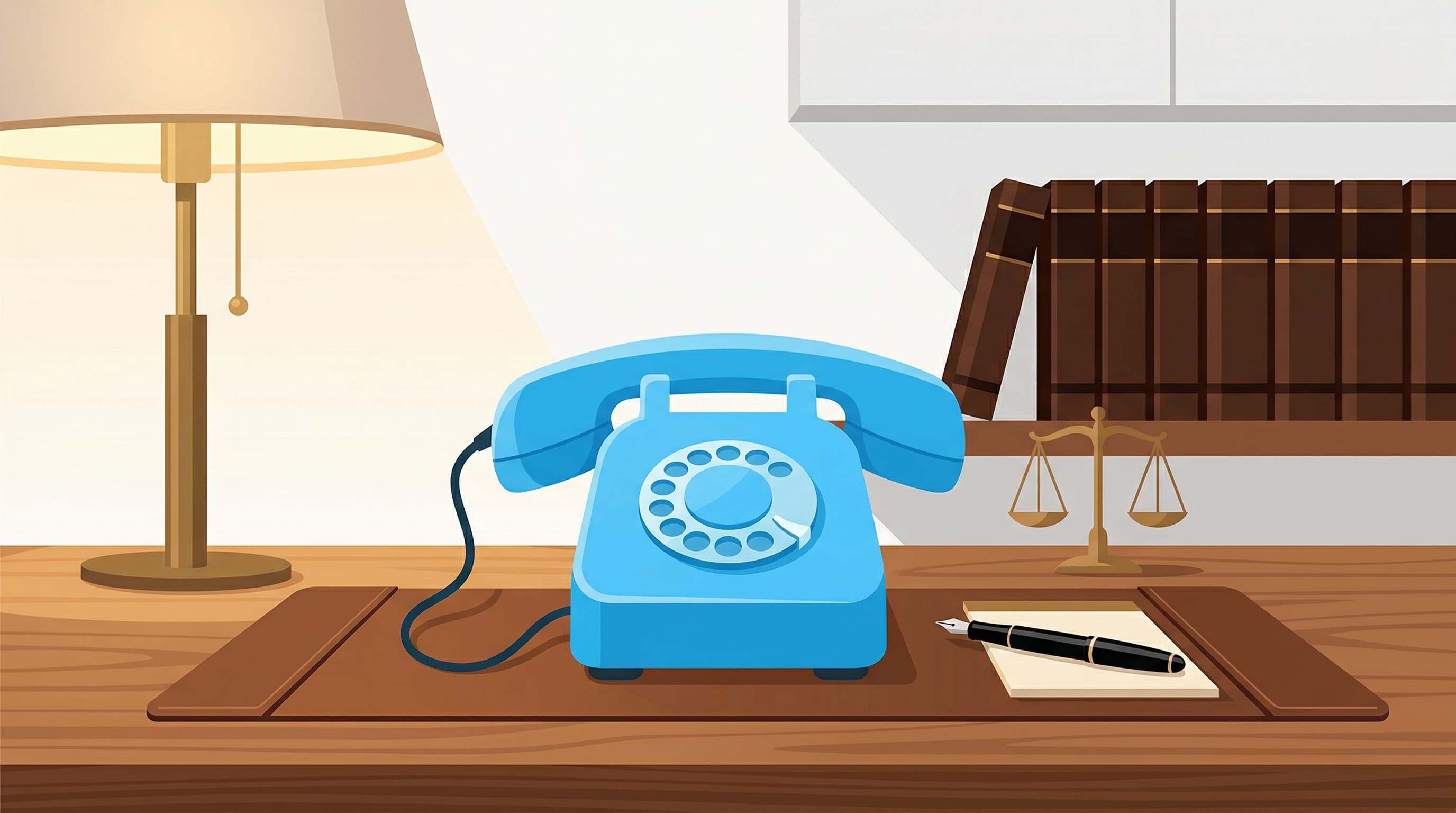 Flat illustration of a law office desk with legal books, a telephone, and a scales-of-justice symbol, in BubblyPhone brand blue.