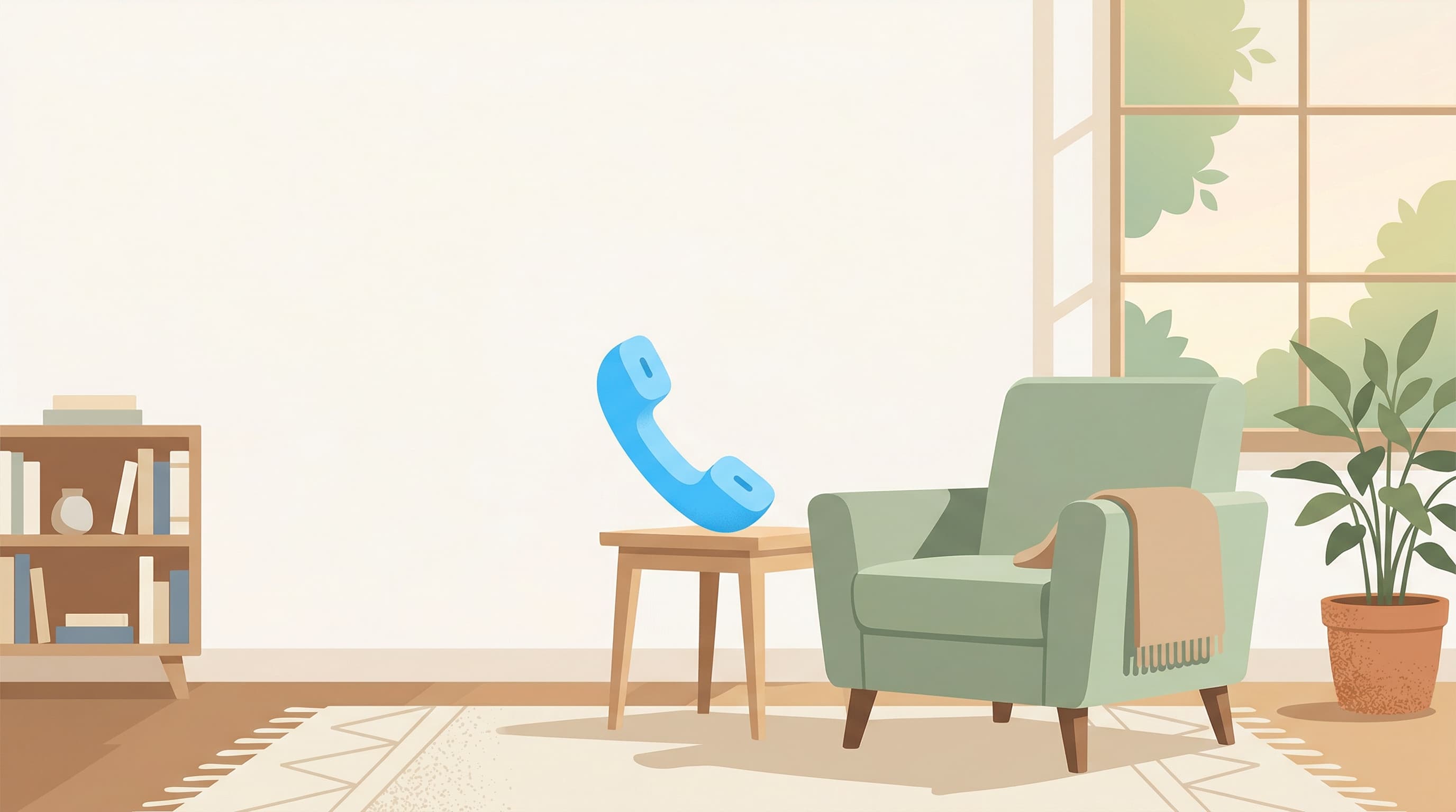 Flat illustration of a calm therapy office with a telephone, an empty chair, and a plant, in soft neutrals with BubblyPhone brand blue accents.