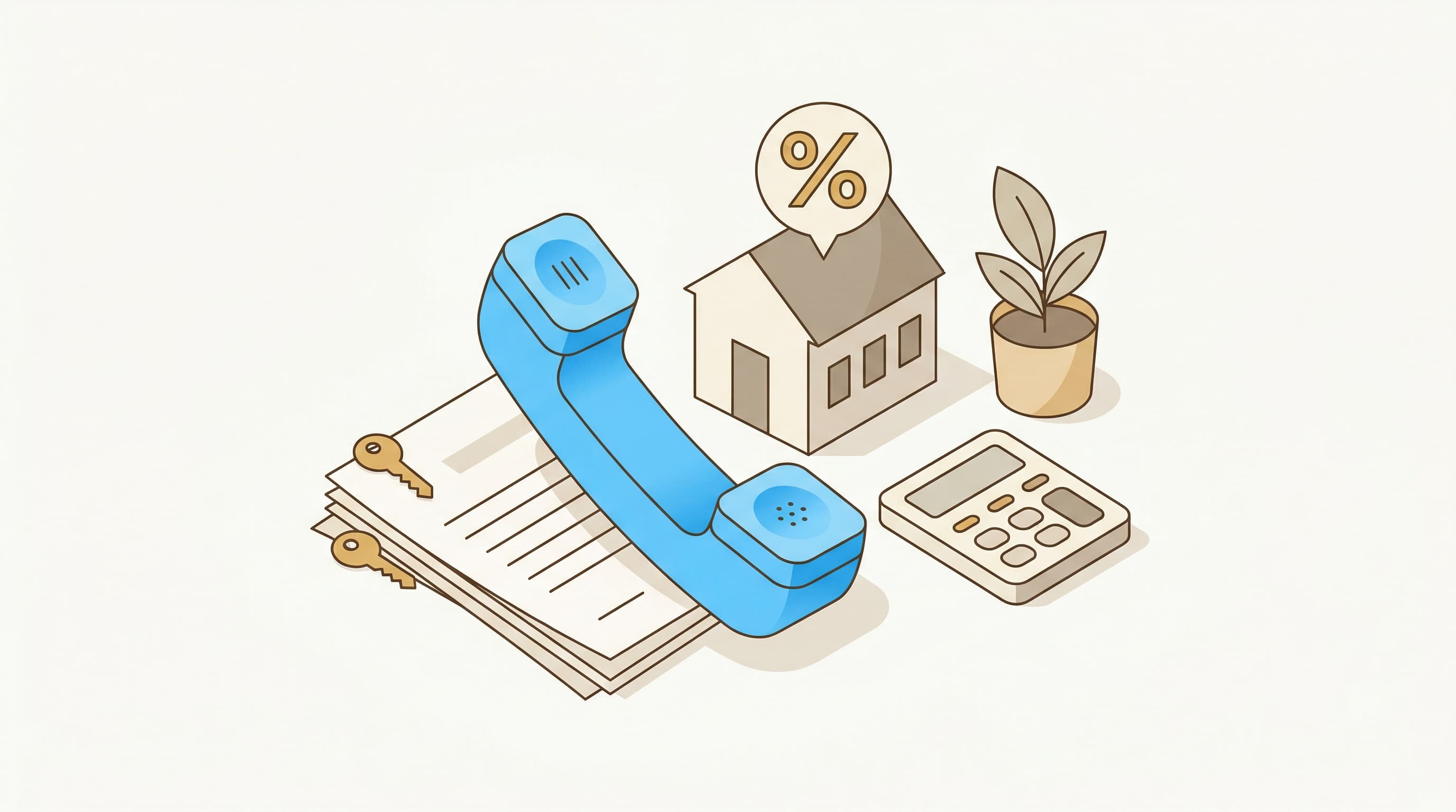 Flat illustration of a mortgage broker desk with a telephone, a stylized house with a percent sign, and loan documents, in BubblyPhone brand blue.
