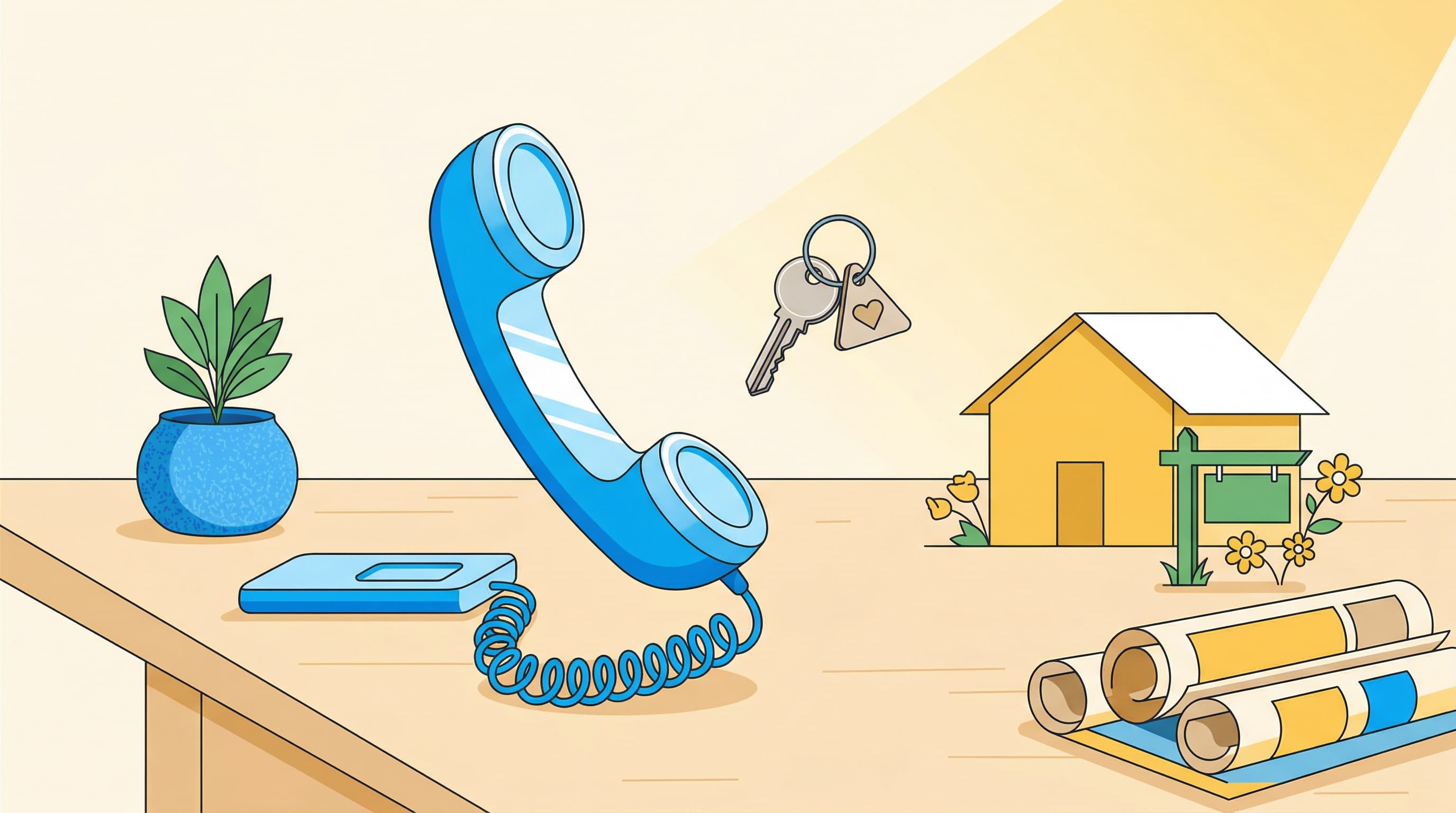 Flat illustration of a real estate office scene with a telephone, a house key, and a stylized home with a for-sale sign, in BubblyPhone brand blue.